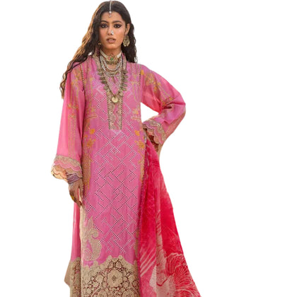 Dress Set, Premium Net Fabric with Chiffon Printed Dupatta Adorned with Puloo Patches