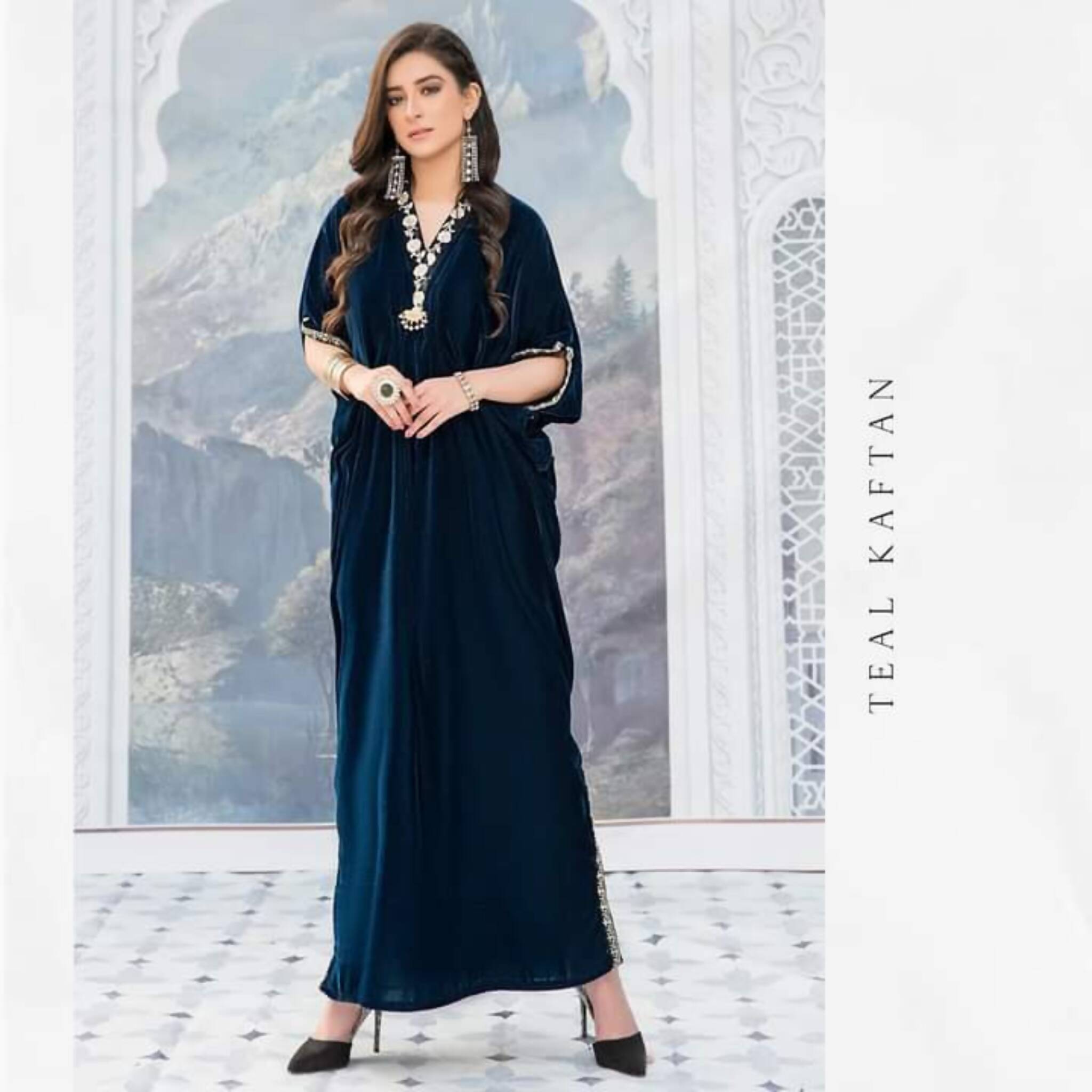 Opulent Elegance: Teal Blue Velvet Kaftan – Action WebStore