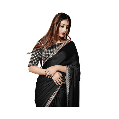 Stitched Saree, Ready-to-Wear in Shalmoze Silk - Black, for WEomen