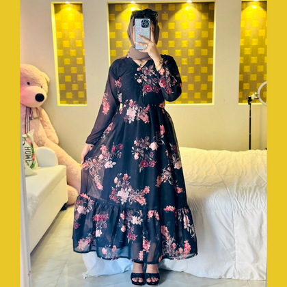 Rose Petals Western Maxi, Black Dress with Pink Florals, for Women