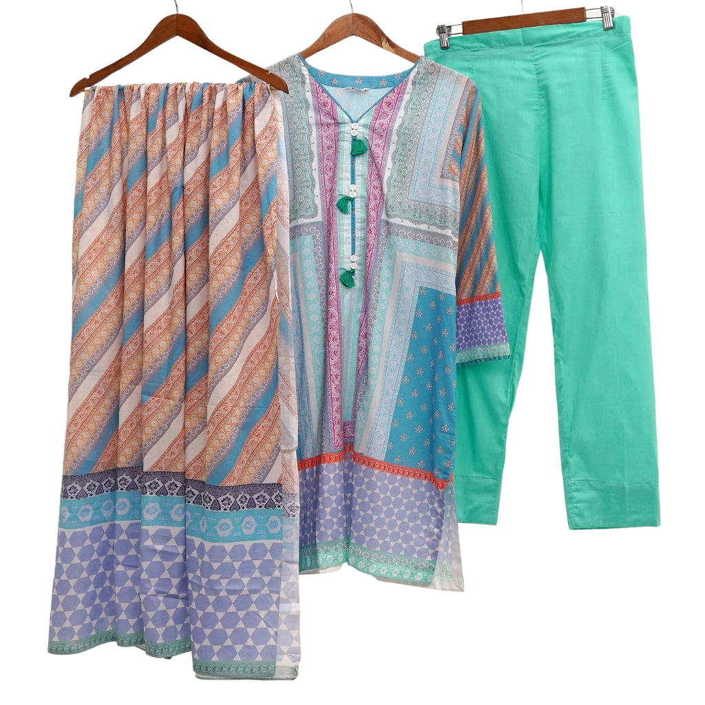 Green Lawn Printed 3-Piece Suit, Tassel Neck with Cotton Trousers, for Women