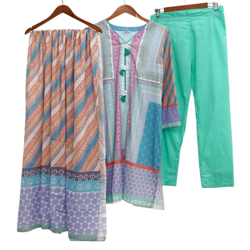 Green Lawn Printed 3-Piece Suit, Tassel Neck with Cotton Trousers, for Women