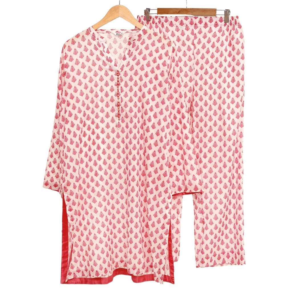 2-Piece Pink Printed Lawn Dress, Round Neck with Buttons, for Women