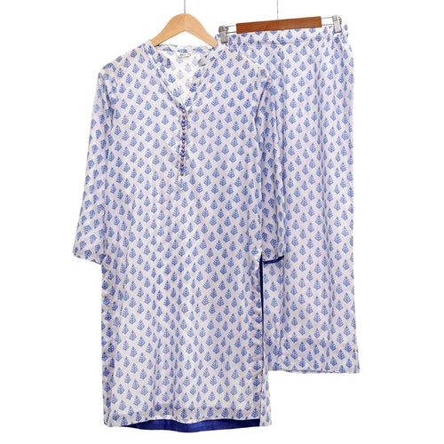 2-Piece Printed Lawn Suit, Blue with Button Neckline, for Women