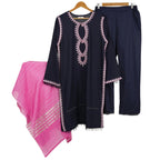 3-Piece Embroidered Lawn Suit, Navy with Pink Dupatta, for Women