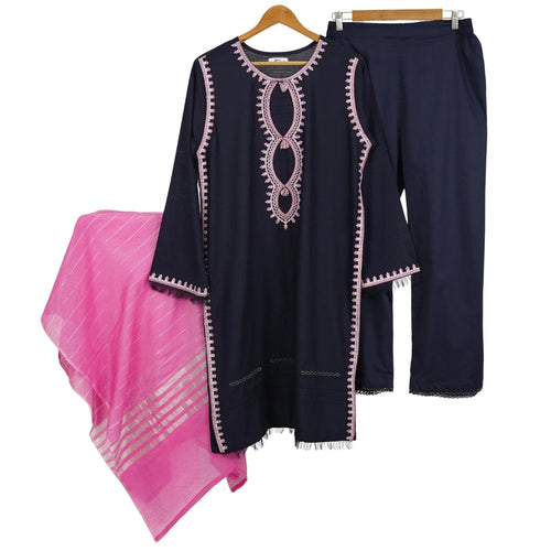 3-Piece Embroidered Lawn Suit, Navy with Pink Dupatta, for Women
