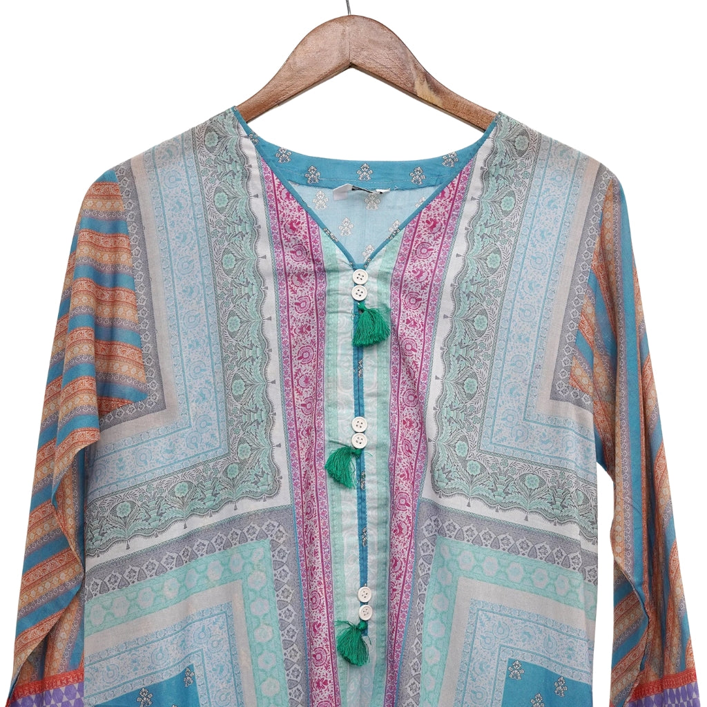 Green Lawn Printed 3-Piece Suit, Tassel Neck with Cotton Trousers, for Women