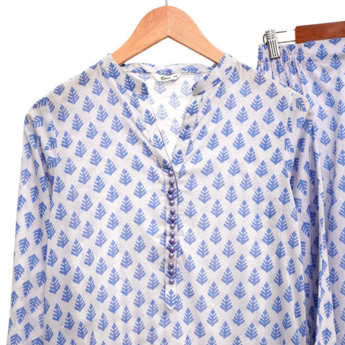 2-Piece Printed Lawn Suit, Blue with Button Neckline, for Women