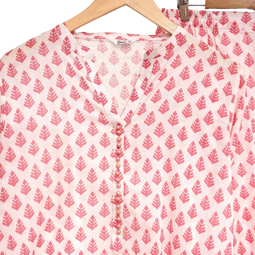 2-Piece Pink Printed Lawn Dress, Round Neck with Buttons, for Women