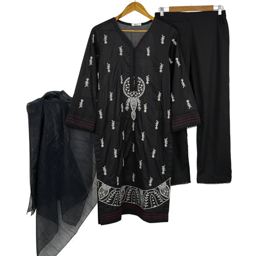 Black Embroidered Lawn Suit, 3-Piece with Zari Dupatta, for Women