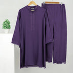 Purple Karandi Suit, Ban Collar & Frill Detailing, for Women
