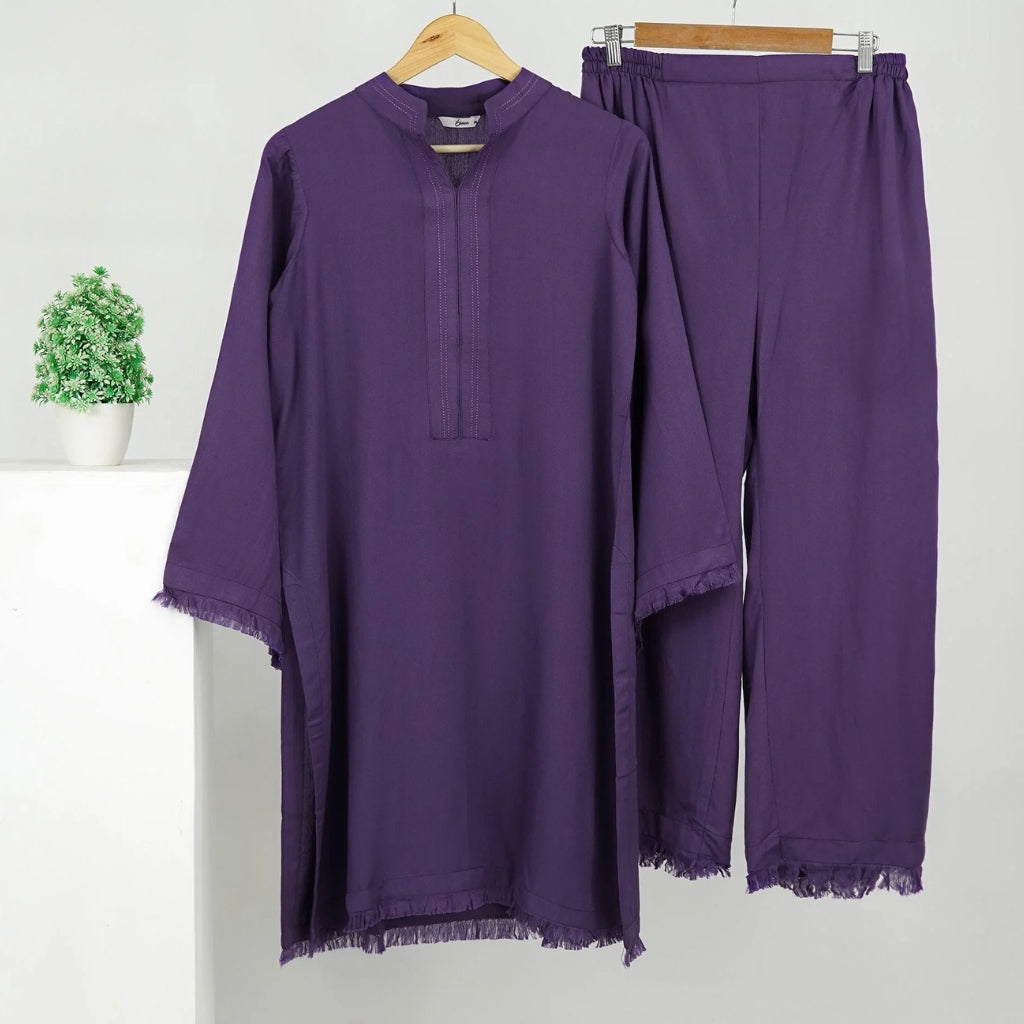 Purple Karandi Suit, Ban Collar & Frill Detailing, for Women