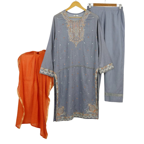 3-Piece Lawn Suit, Grey Embroidered with Zari Dupatta, for Women