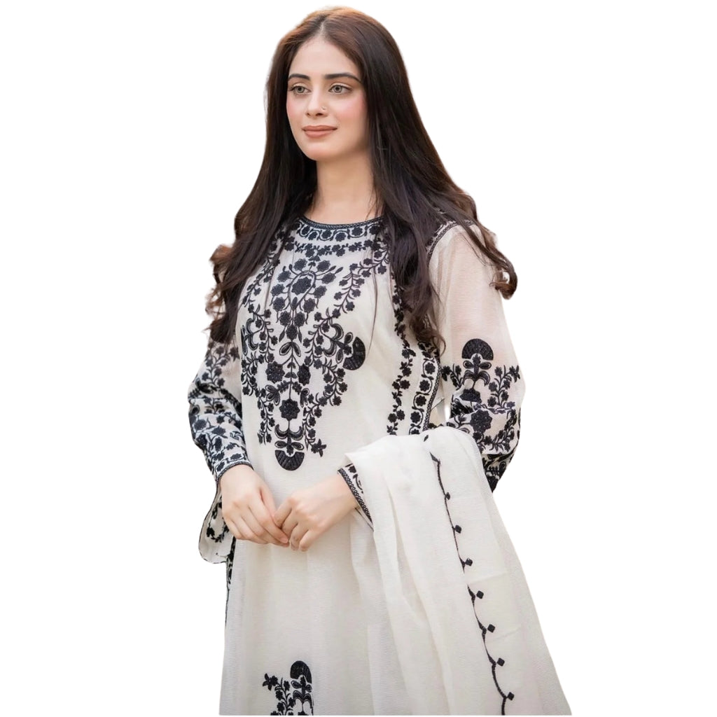 Suit, 3Pcs, Organza Embroidered Maxi & Dupatta, for Women