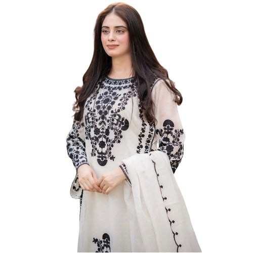 Suit, 3Pcs, Organza Embroidered Maxi & Dupatta, for Women