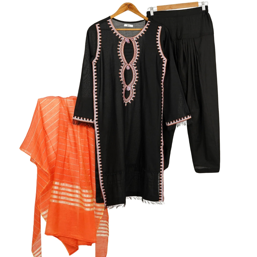 3-Piece Embroidered Lawn Suit, Black with Orange Dupatta, for Women