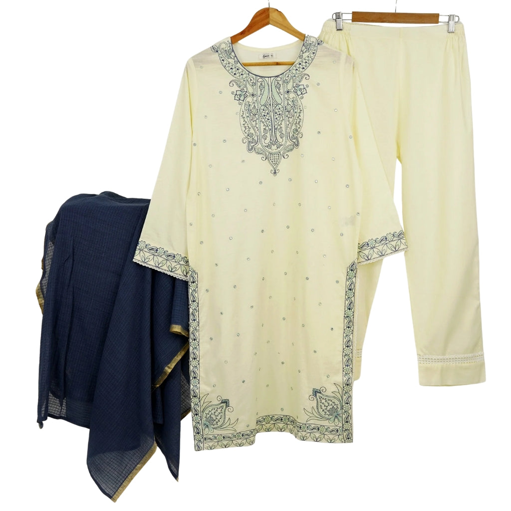 3-Piece Lawn Set, Embroidered Off-White with Blue Dupatta, for Women