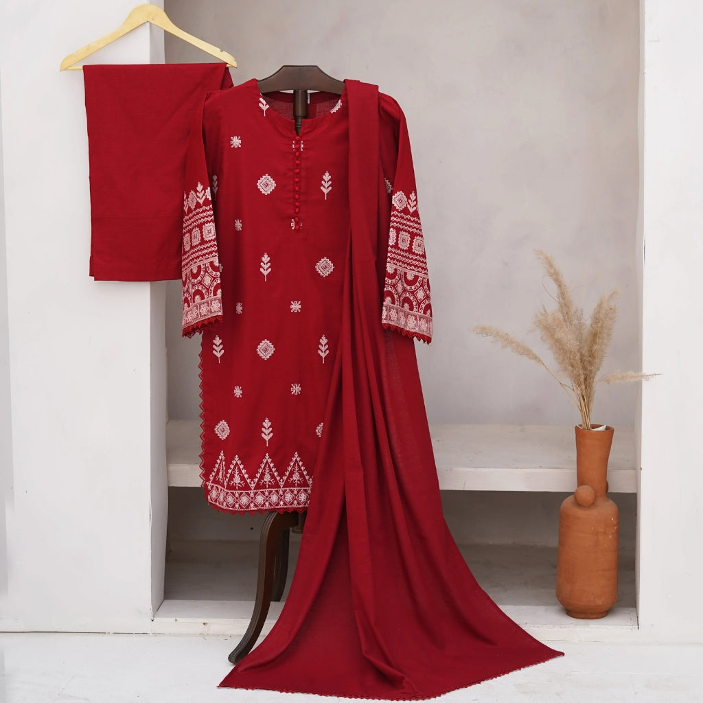 Rangoon 3-Piece Ensemble, Embroidered Khaddar with Lace, for Women