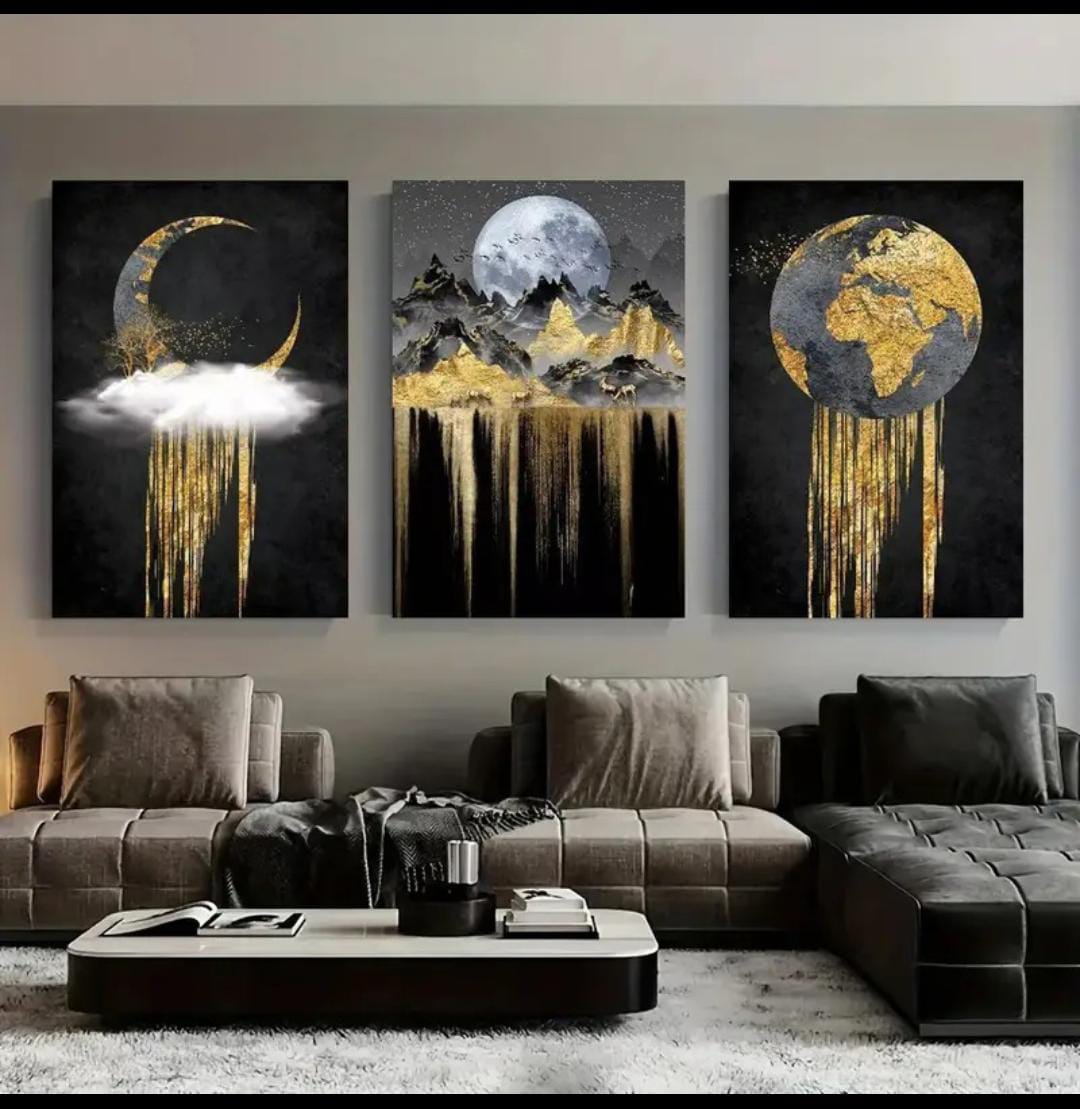 Set of 3 Wooden StickyTile Frames, Black & Gold Wall Art with Moon