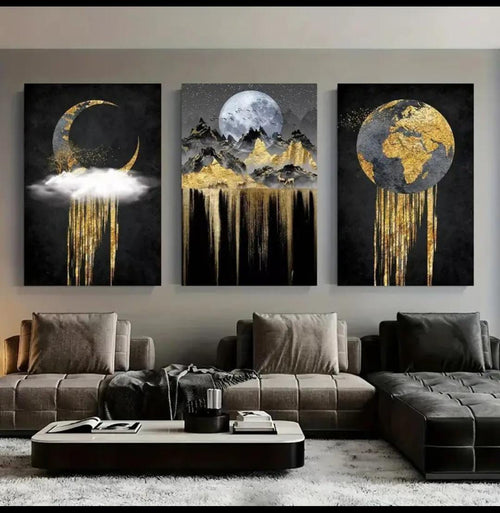 Set of 3 Wooden StickyTile Frames, Black & Gold Wall Art with Moon