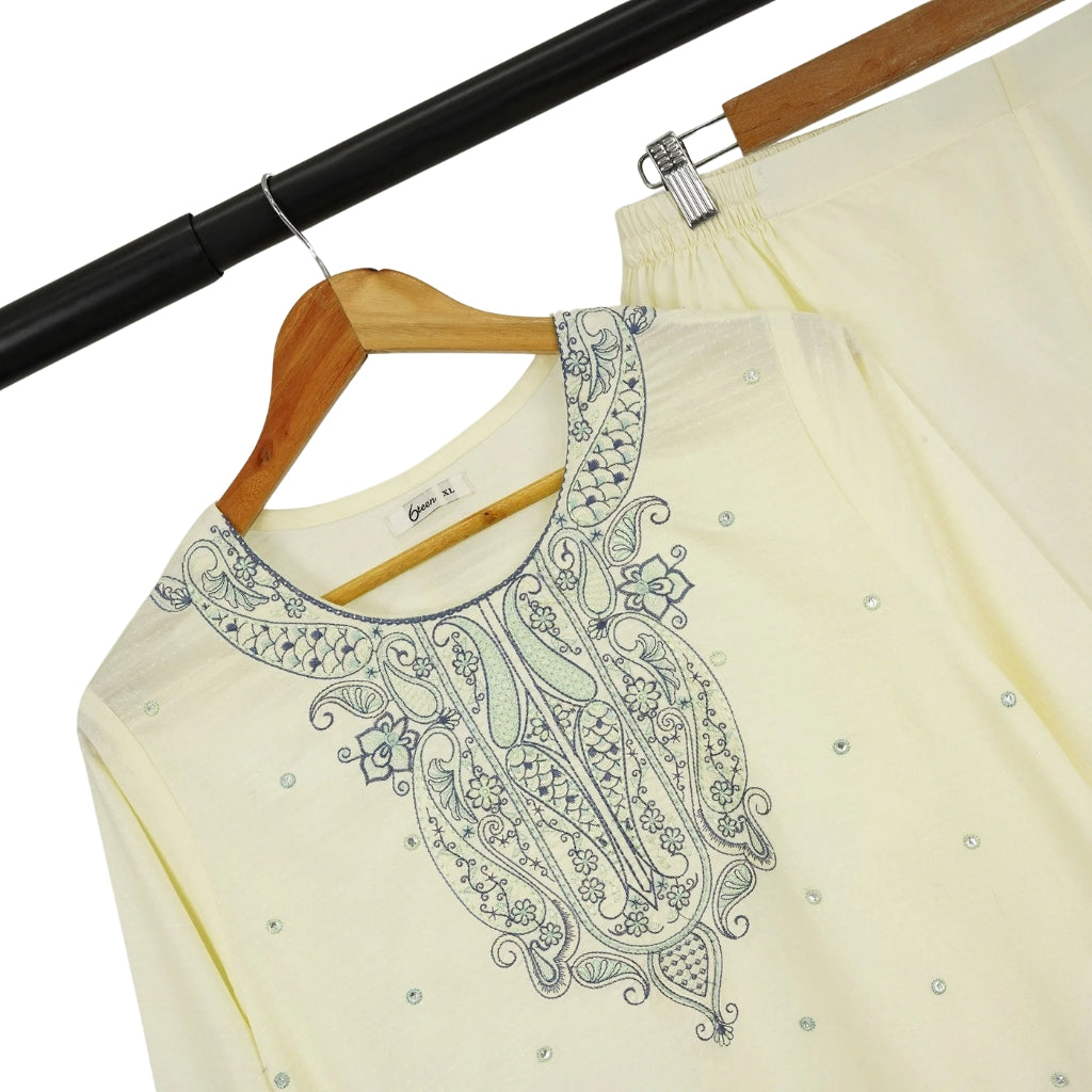 3-Piece Lawn Set, Embroidered Off-White with Blue Dupatta, for Women