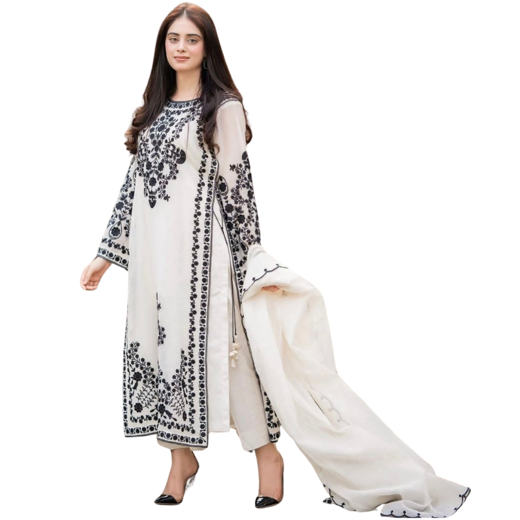 Suit, 3Pcs, Organza Embroidered Maxi & Dupatta, for Women