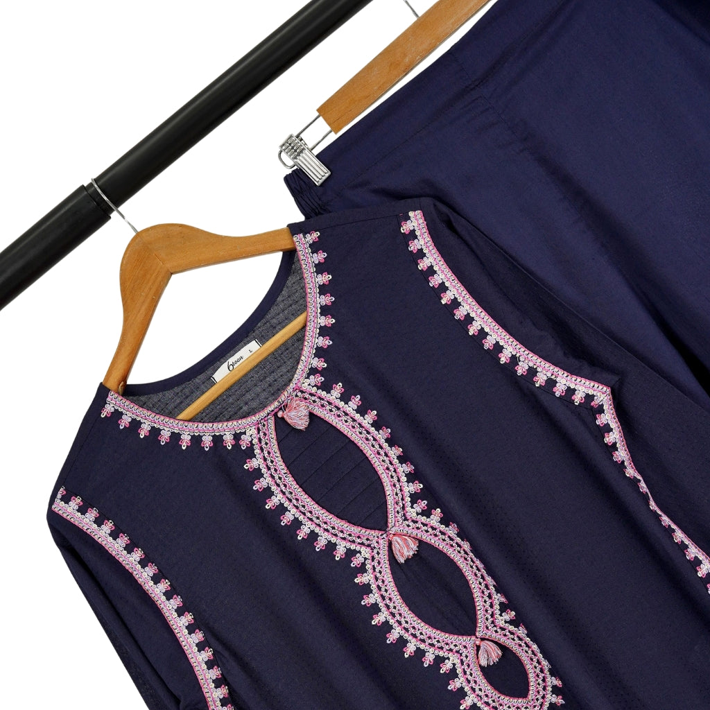 3-Piece Embroidered Lawn Suit, Navy with Pink Dupatta, for Women