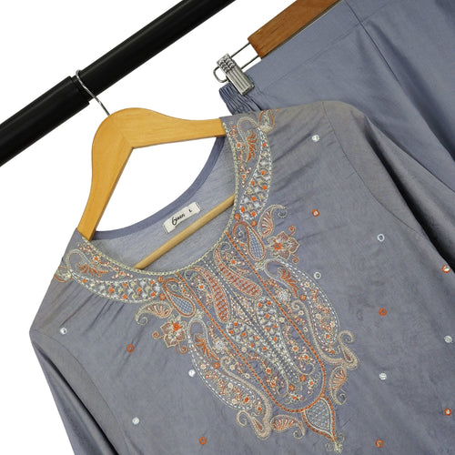 3-Piece Lawn Suit, Grey Embroidered with Zari Dupatta, for Women