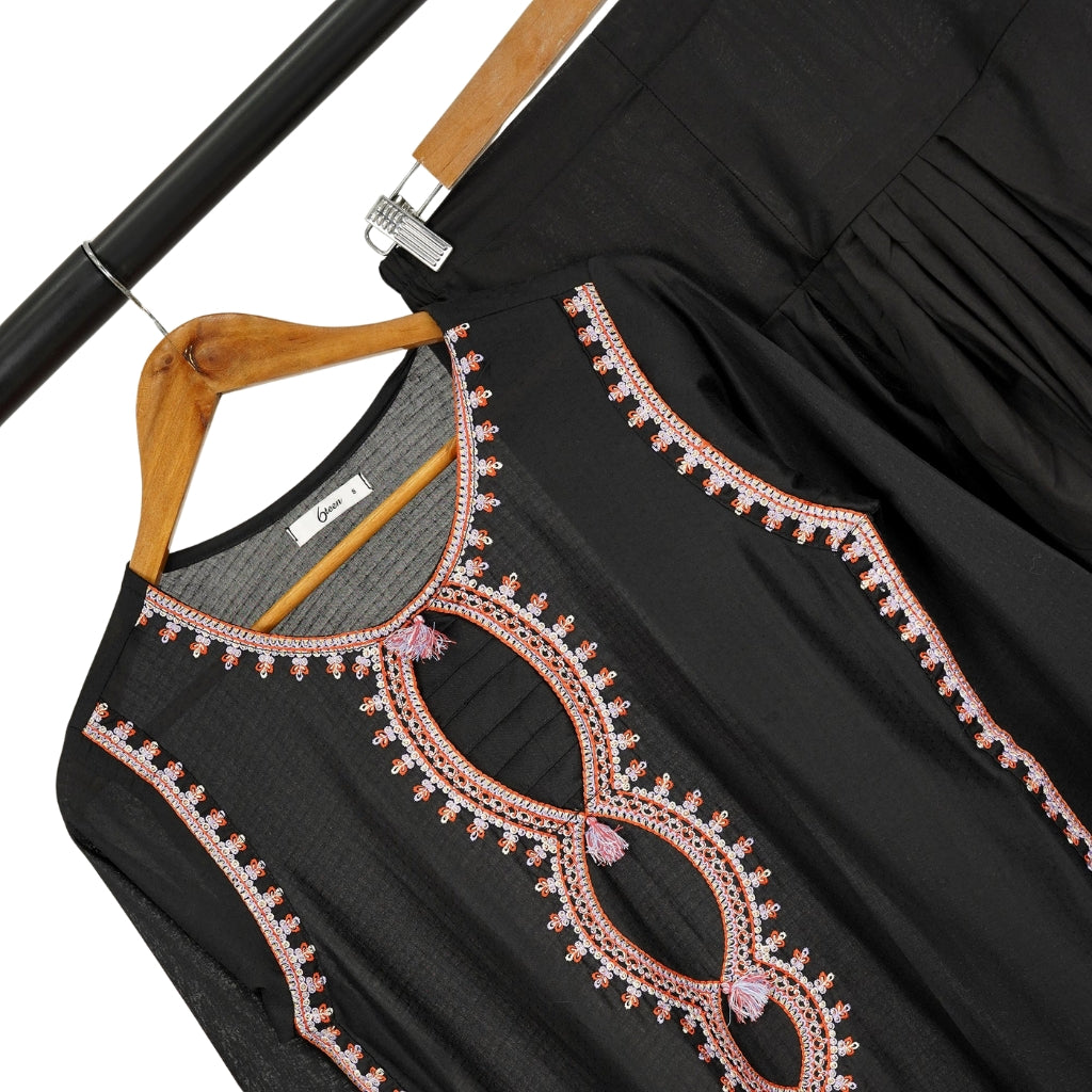 3-Piece Embroidered Lawn Suit, Black with Orange Dupatta, for Women