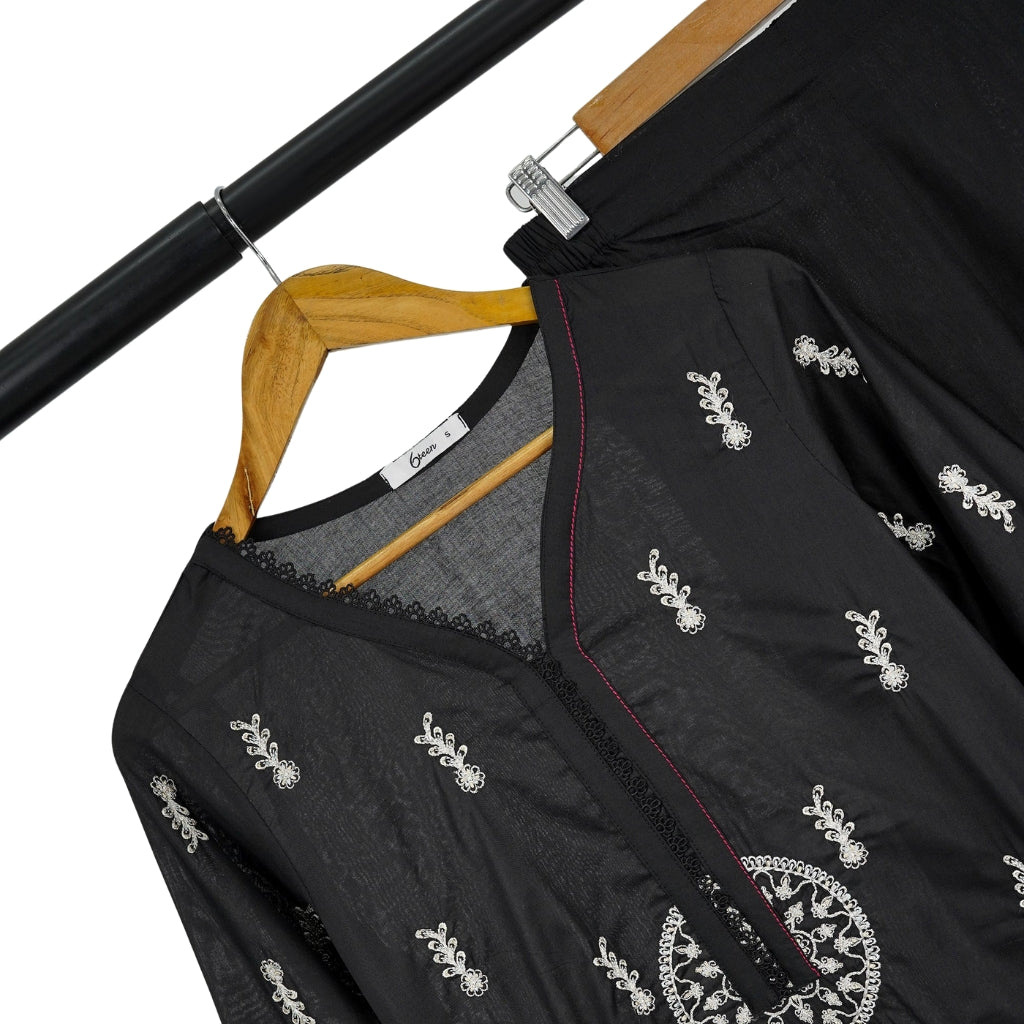 Black Embroidered Lawn Suit, 3-Piece with Zari Dupatta, for Women