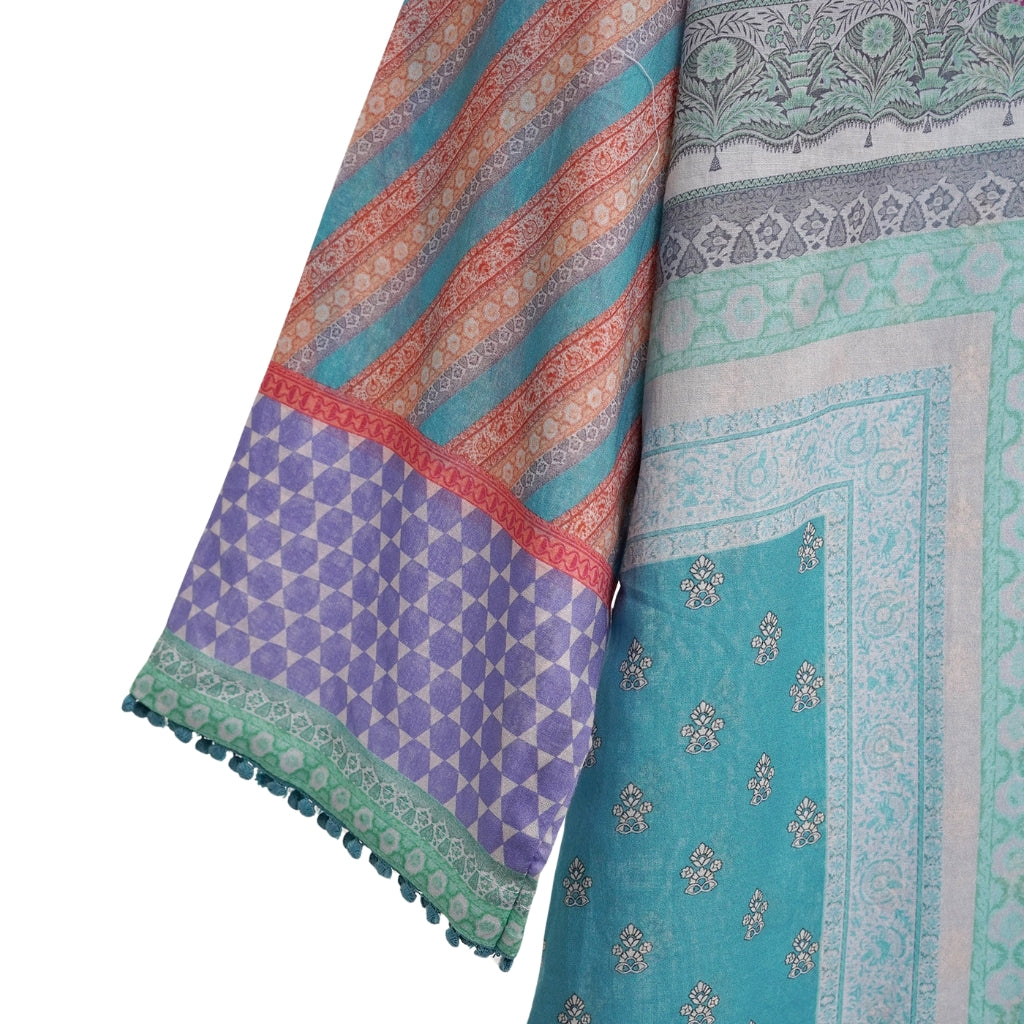 Green Lawn Printed 3-Piece Suit, Tassel Neck with Cotton Trousers, for Women