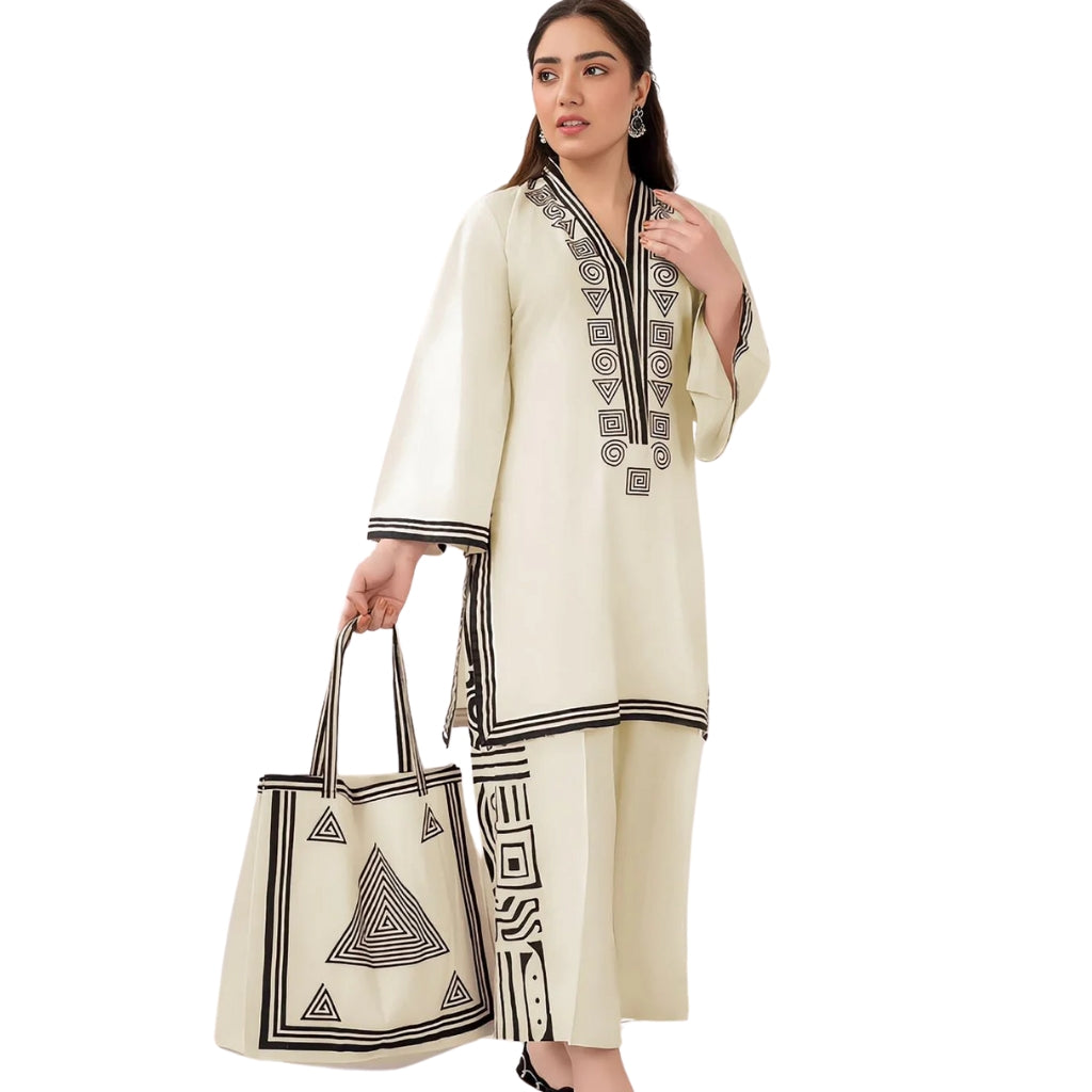 Arabic Lawn Suit, Pyramid Design & Free Handbag, for Women