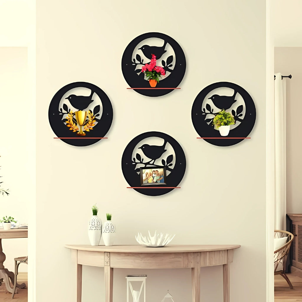 Bird Shelves Pack of Four, 7 Inches, Chipboard Laminated, Wall Art