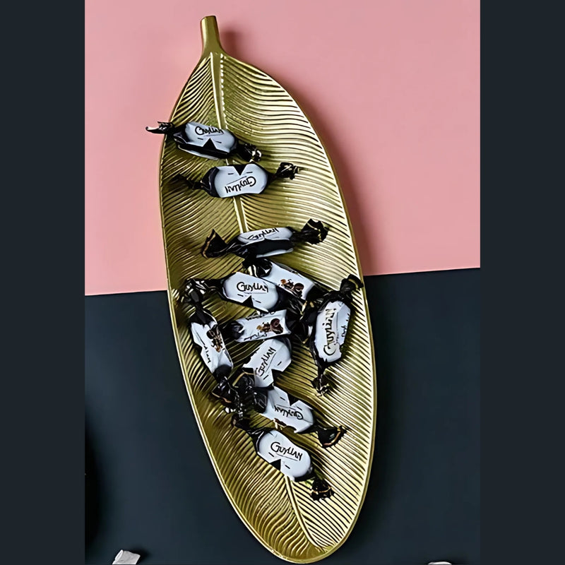 Wooden Gold Leaf Shape Snack Tray, Fiberboard, 16 Inch, for Home Decor