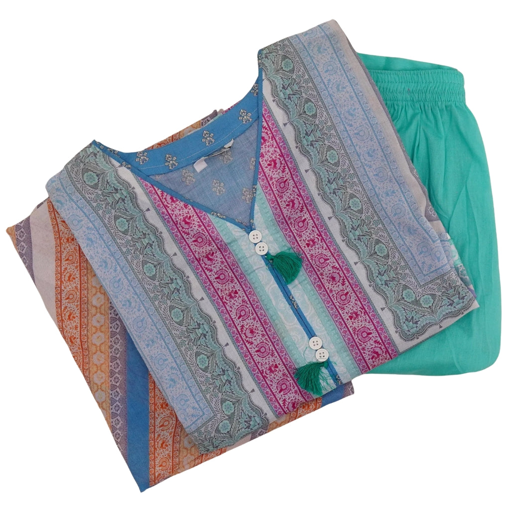 Green Lawn Printed 3-Piece Suit, Tassel Neck with Cotton Trousers, for Women