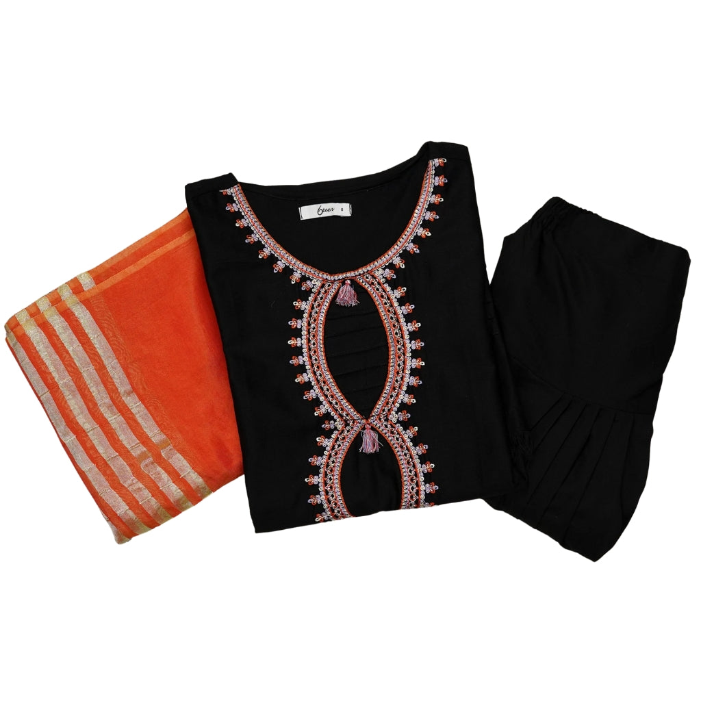 3-Piece Embroidered Lawn Suit, Black with Orange Dupatta, for Women