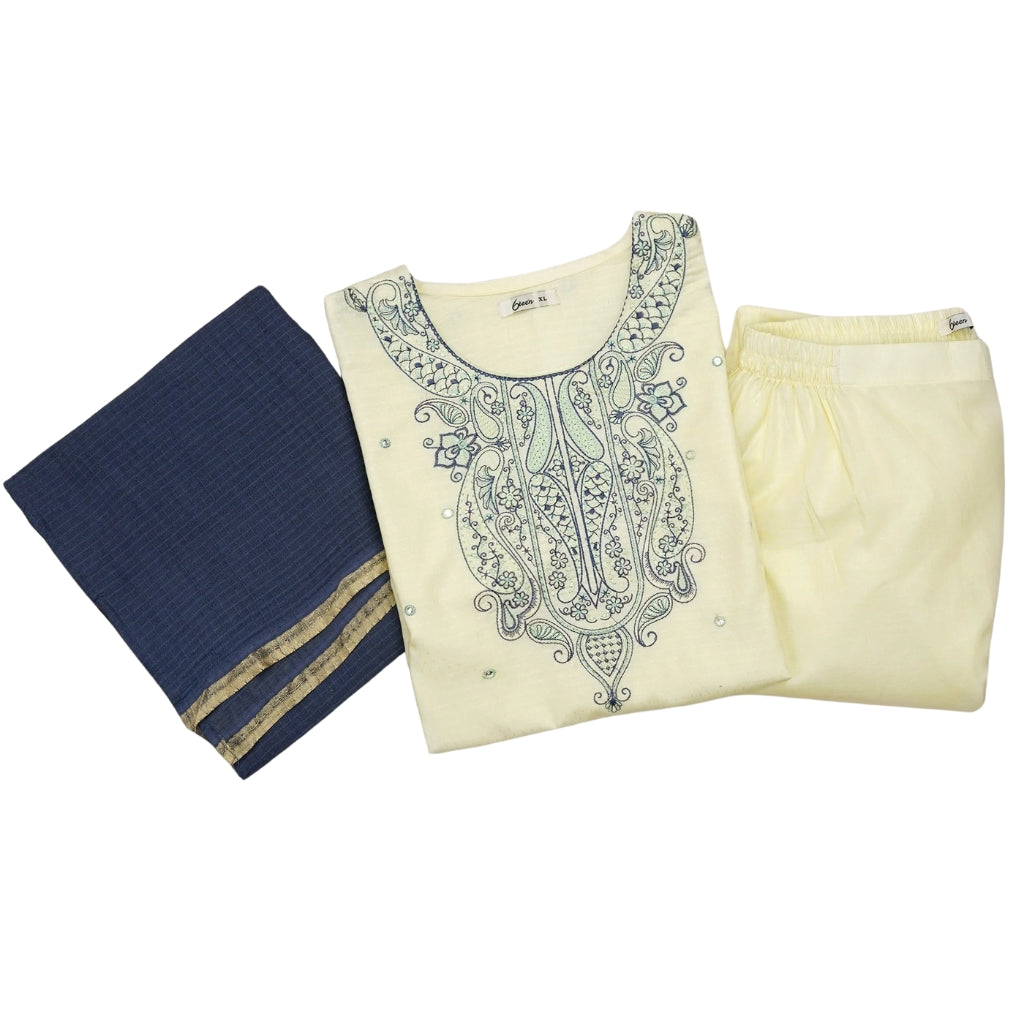 3-Piece Lawn Set, Embroidered Off-White with Blue Dupatta, for Women