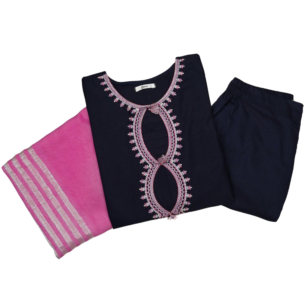3-Piece Embroidered Lawn Suit, Navy with Pink Dupatta, for Women