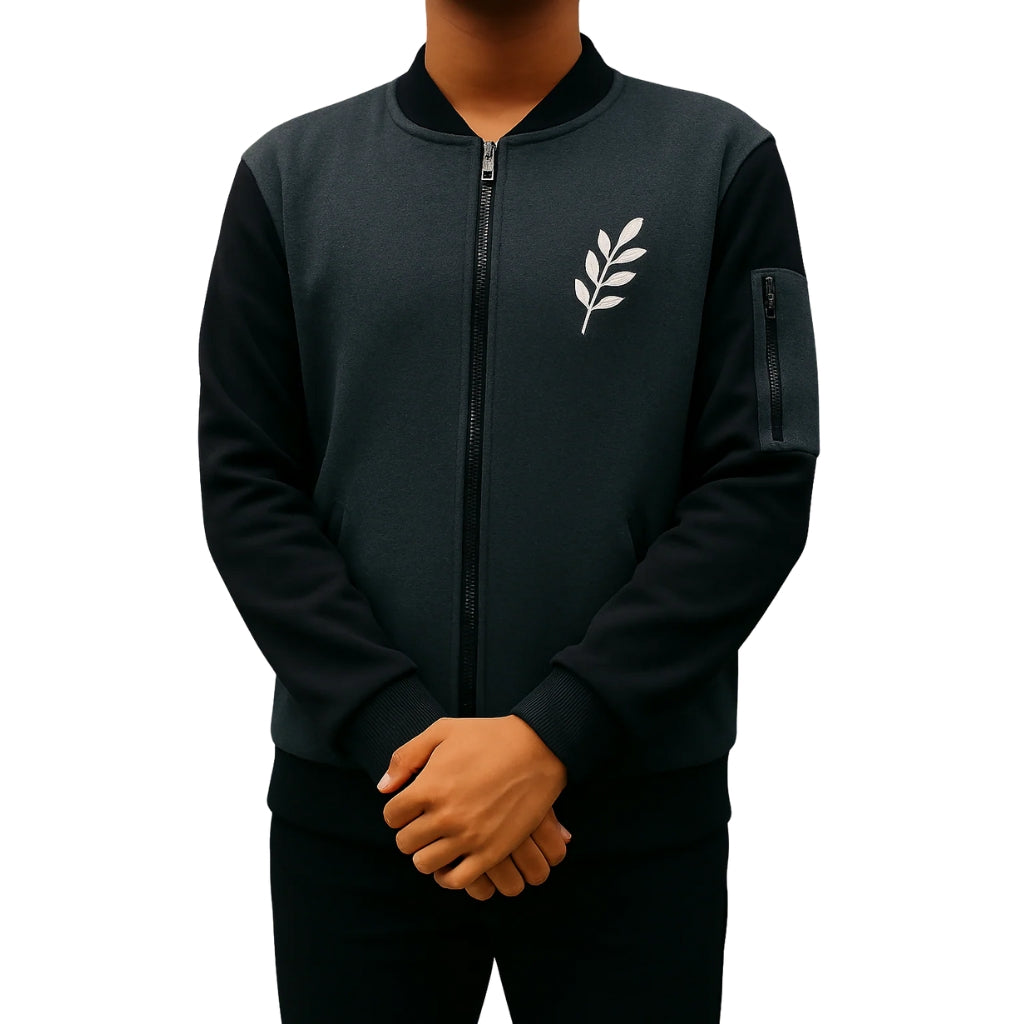 Zipper Jacket, Warm Fleece Fabric & Charcoal Grey Leaf, for Winter Wear