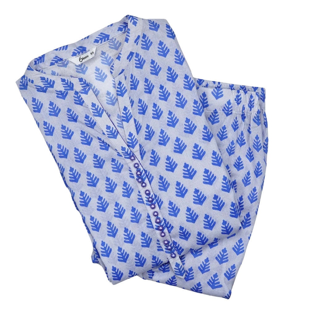 2-Piece Printed Lawn Suit, Blue with Button Neckline, for Women