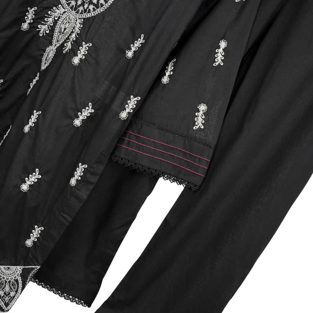 Black Embroidered Lawn Suit, 3-Piece with Zari Dupatta, for Women