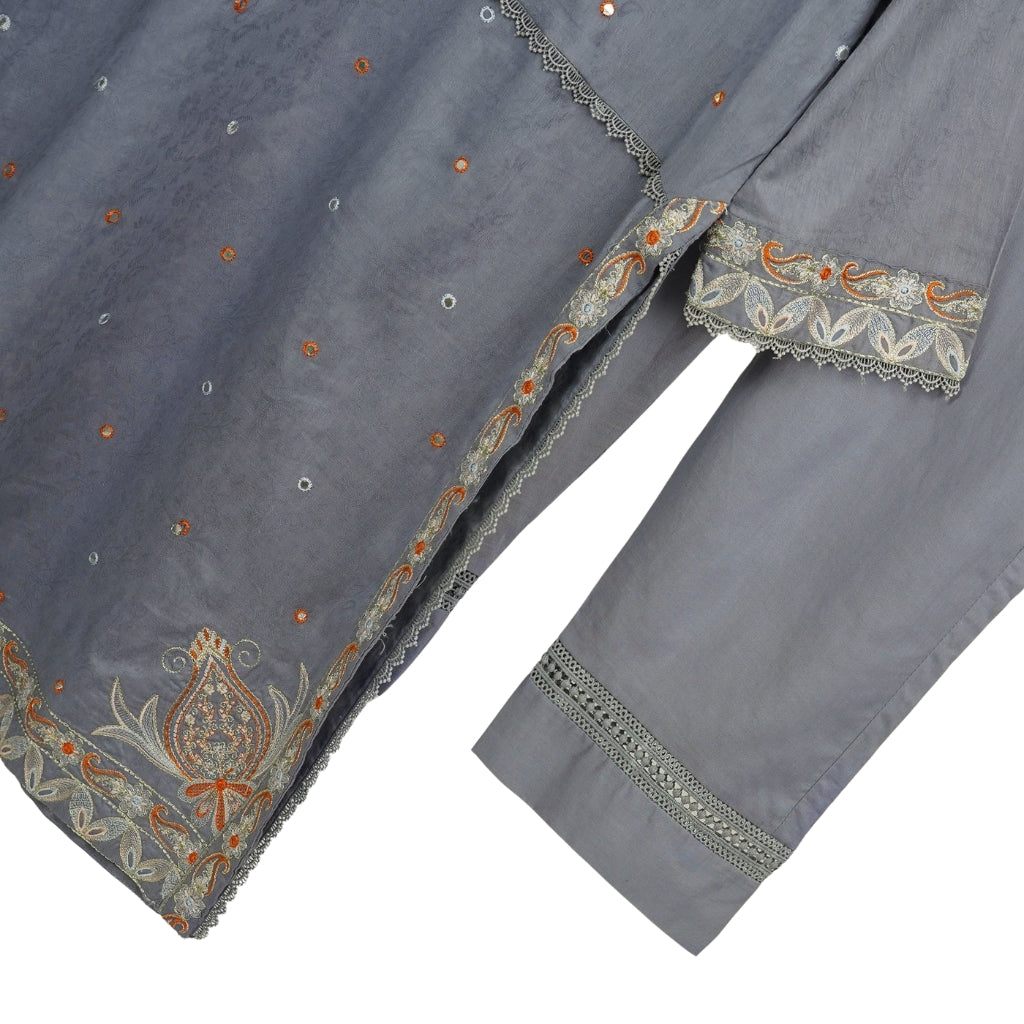 3-Piece Lawn Suit, Grey Embroidered with Zari Dupatta, for Women