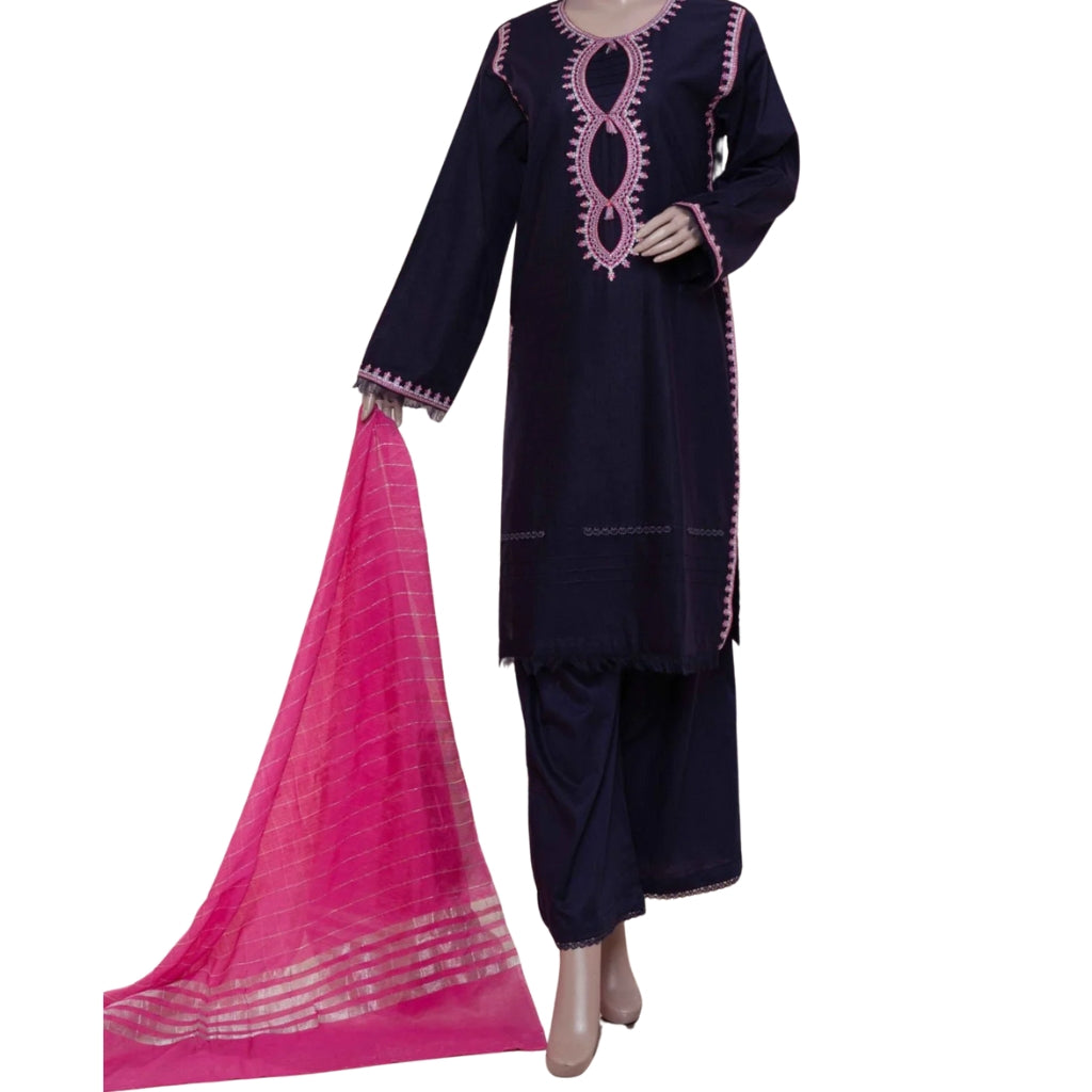 3-Piece Embroidered Lawn Suit, Navy with Pink Dupatta, for Women
