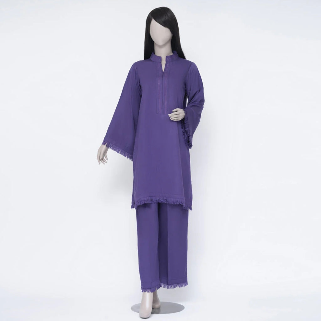 Purple Karandi Suit, Ban Collar & Frill Detailing, for Women