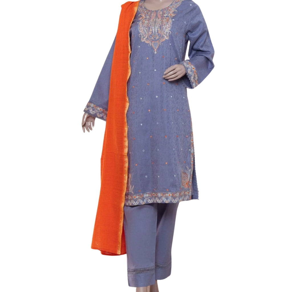 3-Piece Lawn Suit, Grey Embroidered with Zari Dupatta, for Women