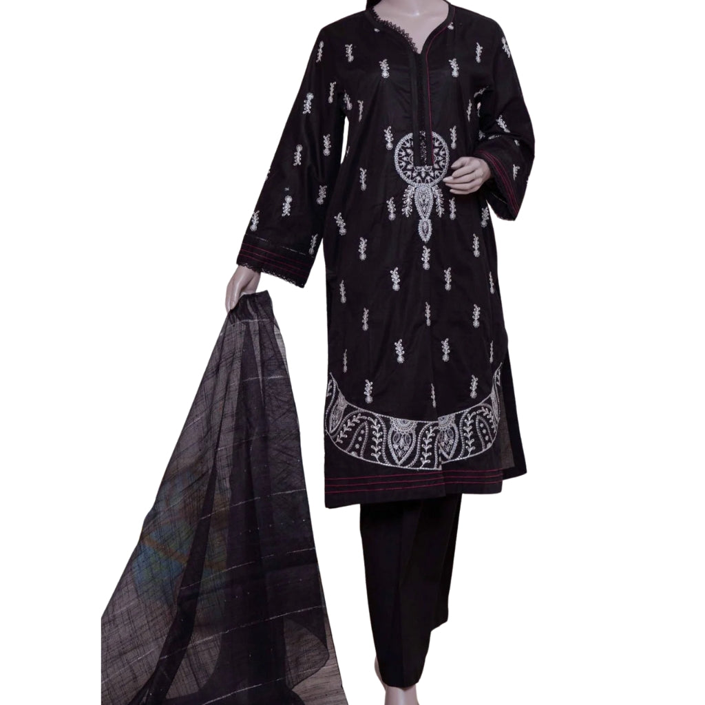 Black Embroidered Lawn Suit, 3-Piece with Zari Dupatta, for Women