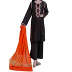 3-Piece Embroidered Lawn Suit, Black with Orange Dupatta, for Women