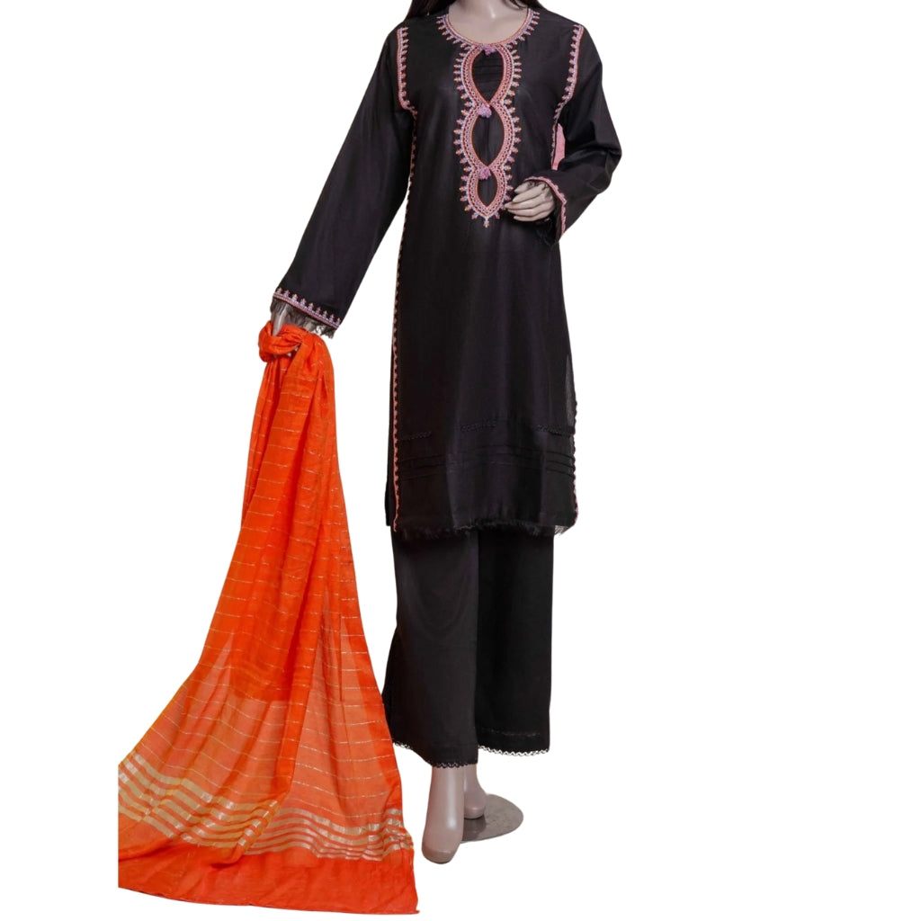 3-Piece Embroidered Lawn Suit, Black with Orange Dupatta, for Women