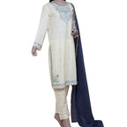 3-Piece Lawn Set, Embroidered Off-White with Blue Dupatta, for Women