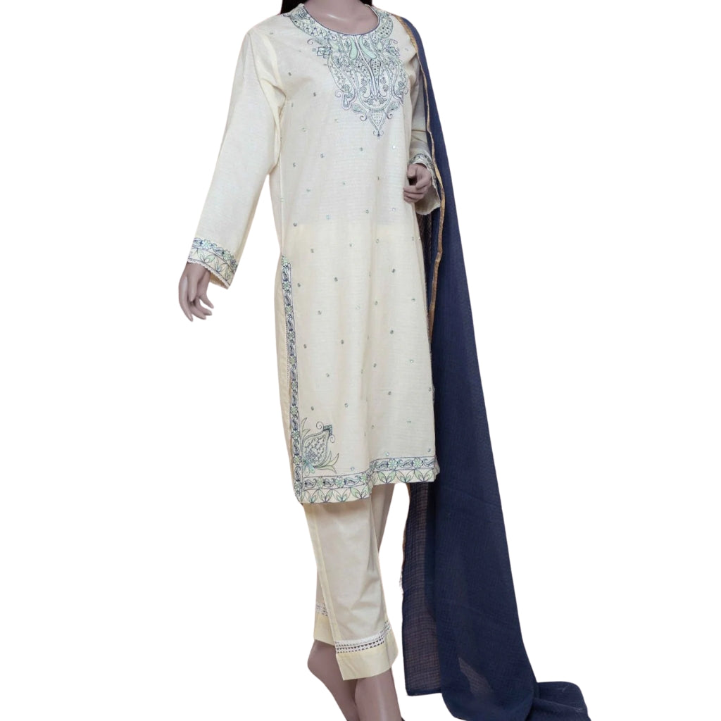 3-Piece Lawn Set, Embroidered Off-White with Blue Dupatta, for Women